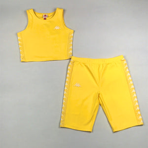 Yellow & white sleeveless crop top short set -womens