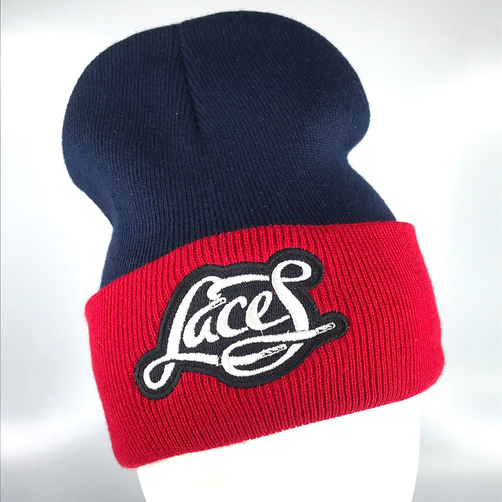 Laces knit skully in navy-red