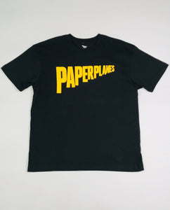 Planes Bold gold paper planes text tee in black