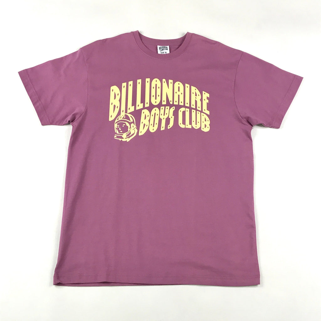 Cream BBC logo and text on mauve tee