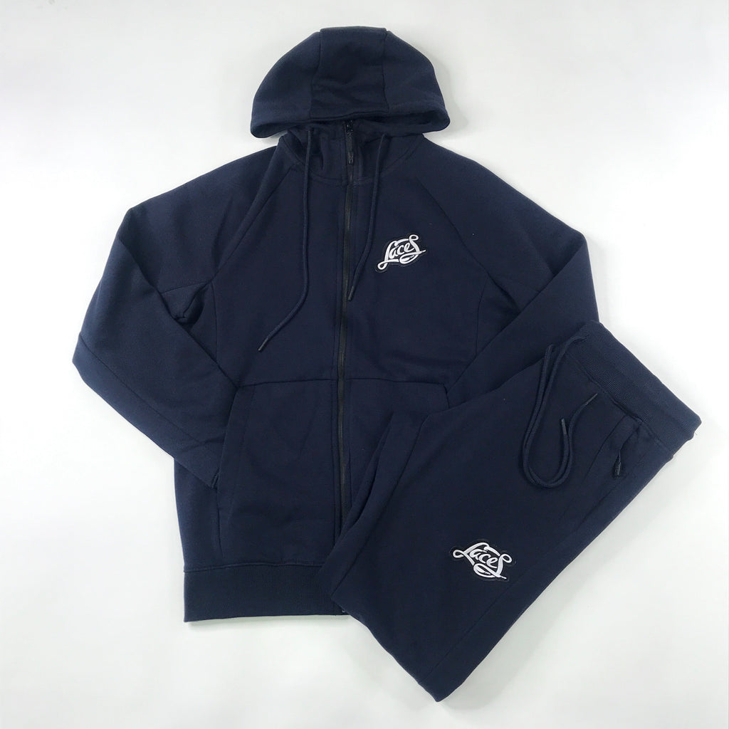 Laces embroidered patch zip hoodie jogging suit in navy