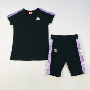 Kappa Banda Bayamon tee-biker short set in black-lt violet-white