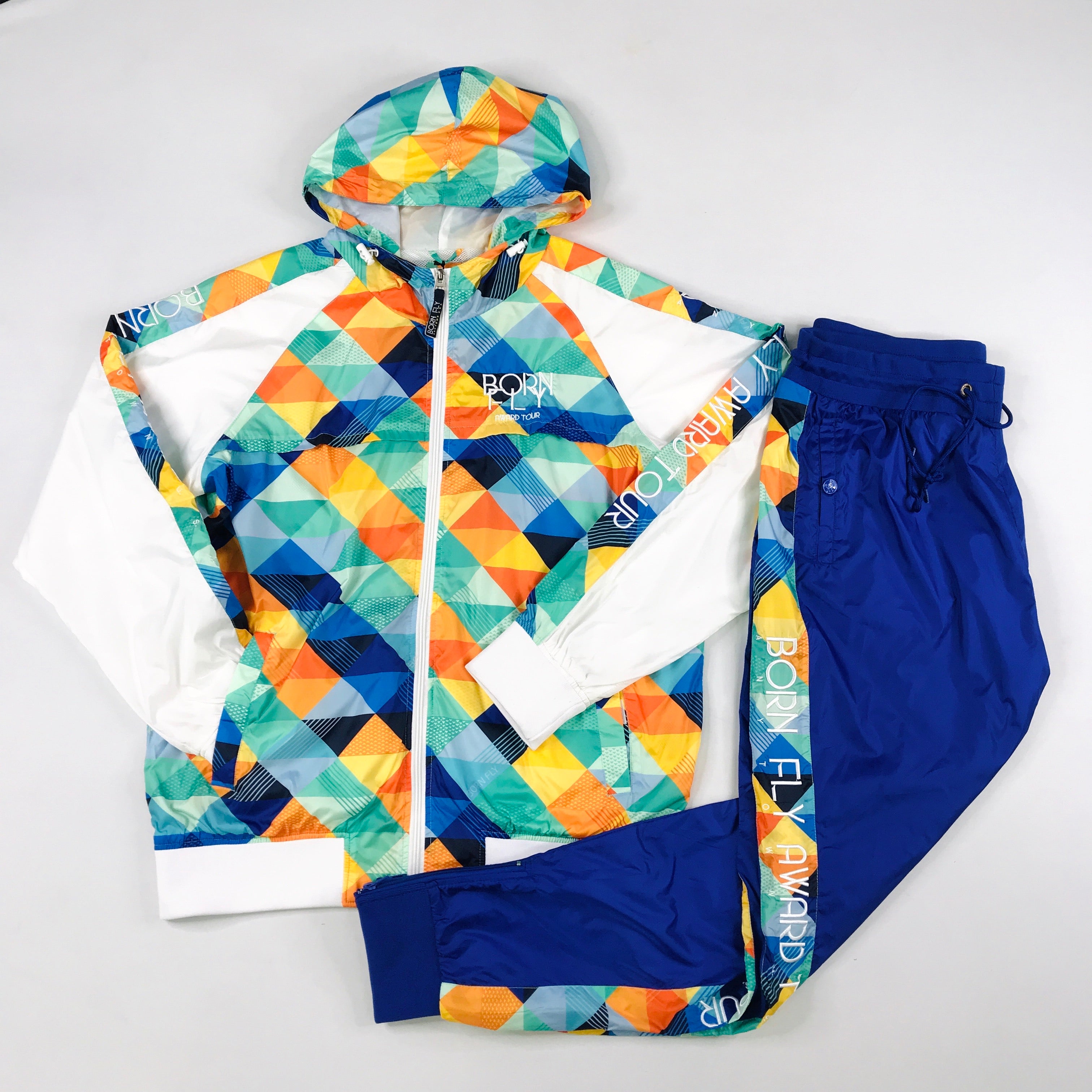 Born Fly multi-color windbreaker hoodie set in blue