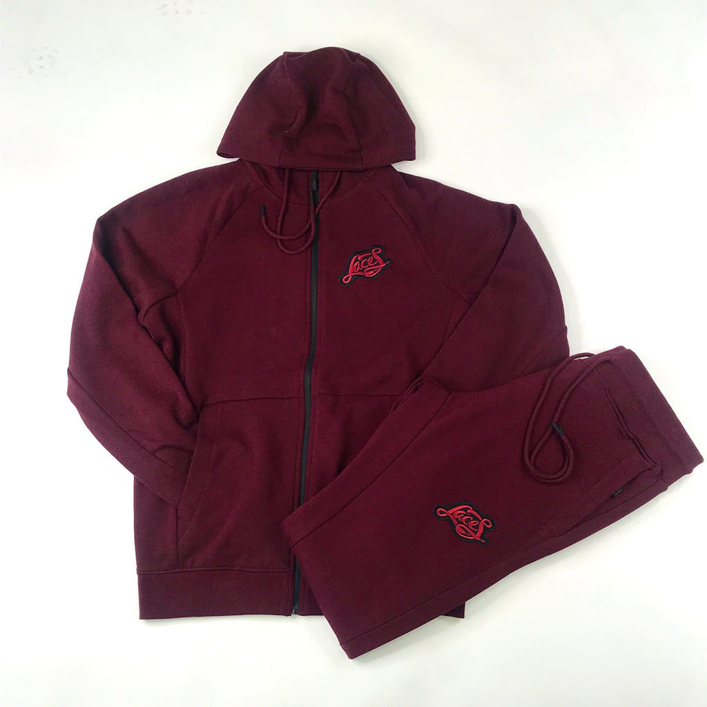 Laces embroidered patch zip hoodie jogging suit in burgundy