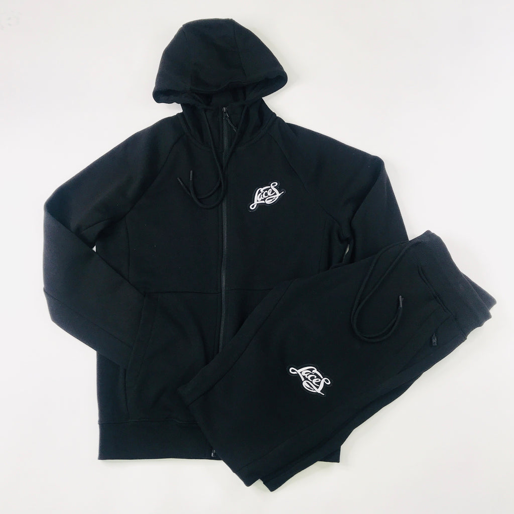 Laces embroidered patch zip hoodie jogging suit in black