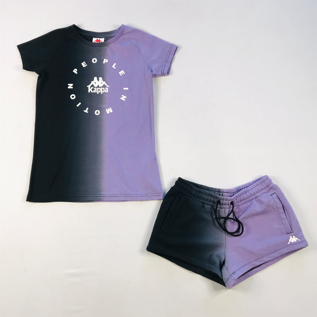 Kappa Authentic Jambi tee-sweat short set in black-lt violet-white