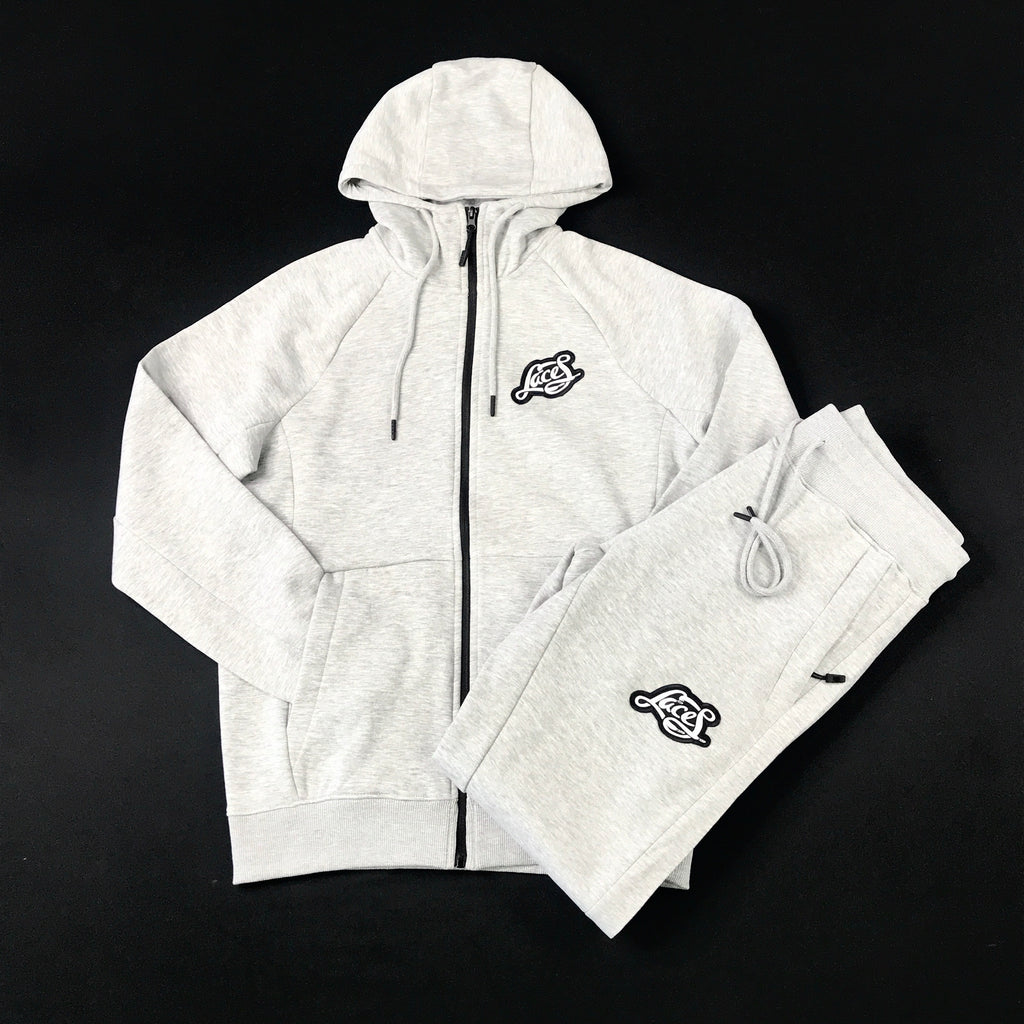 Laces embroidered patch zip hoodie jogging suit in heather grey