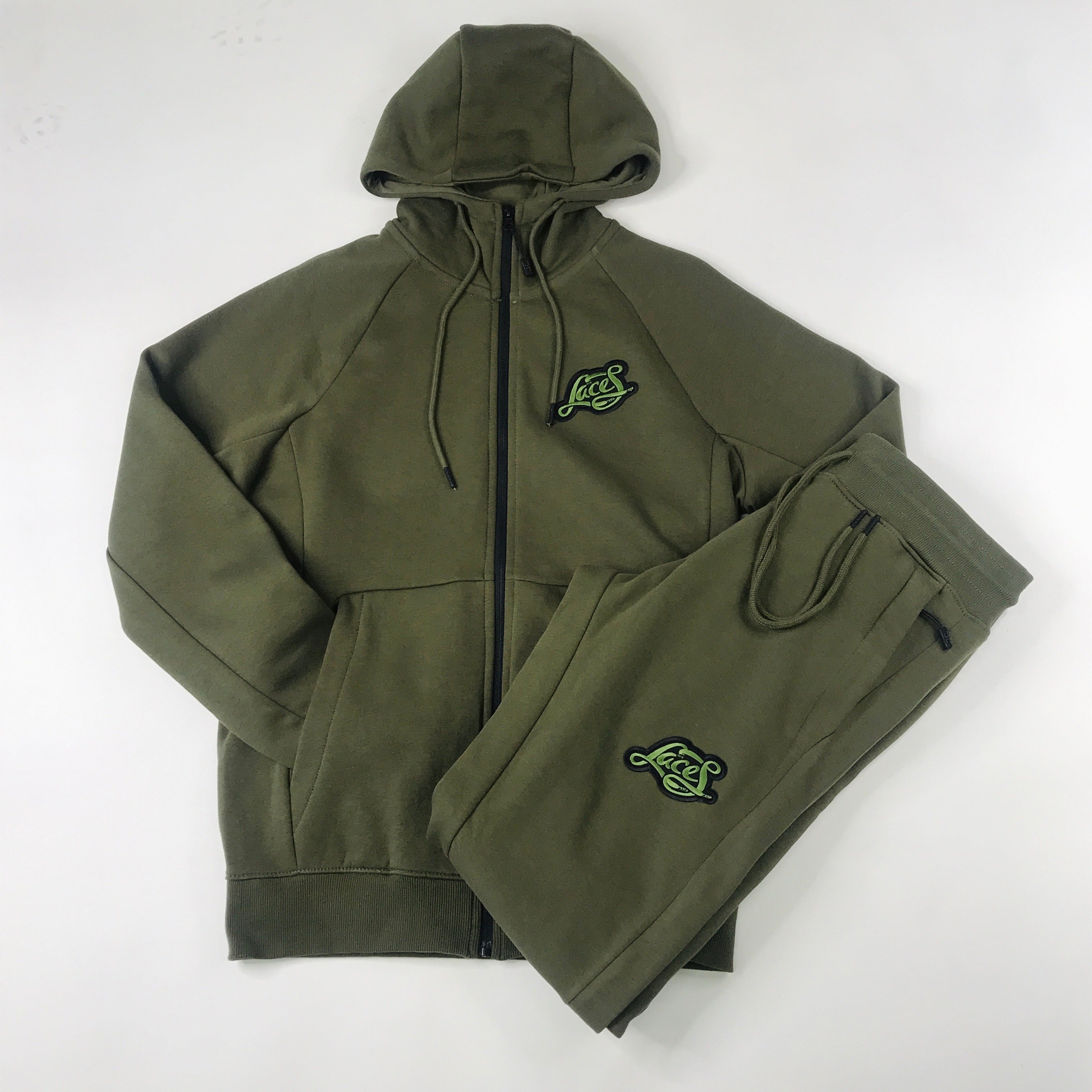 Laces embroidered patch zip hoodie jogging suit in olive