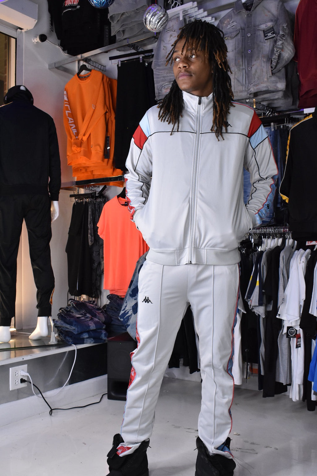 Kappa 222 Banda Difo tracksuit in ash grey-black-baby blue-light red