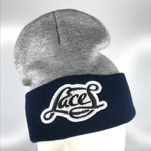 Laces knit skully in heather grey-navy