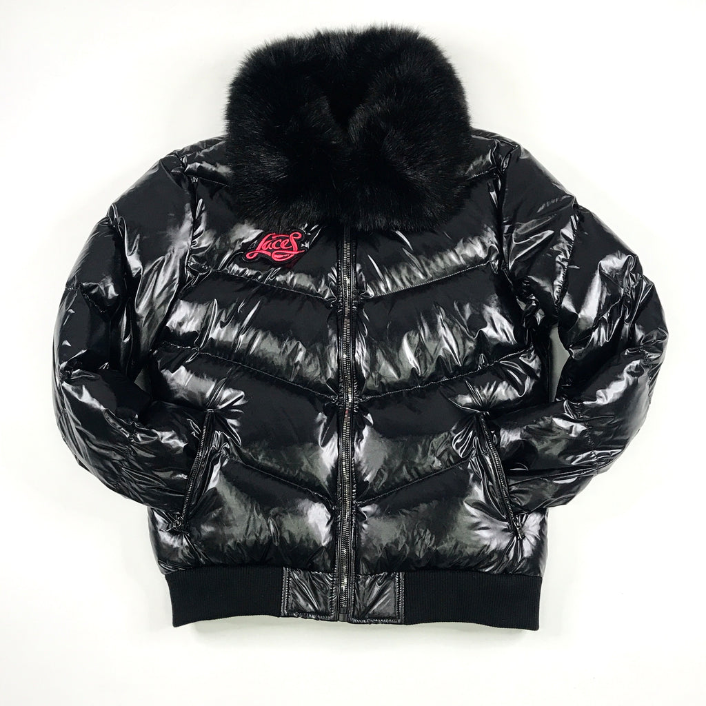 Laces fur collar puff coat in black