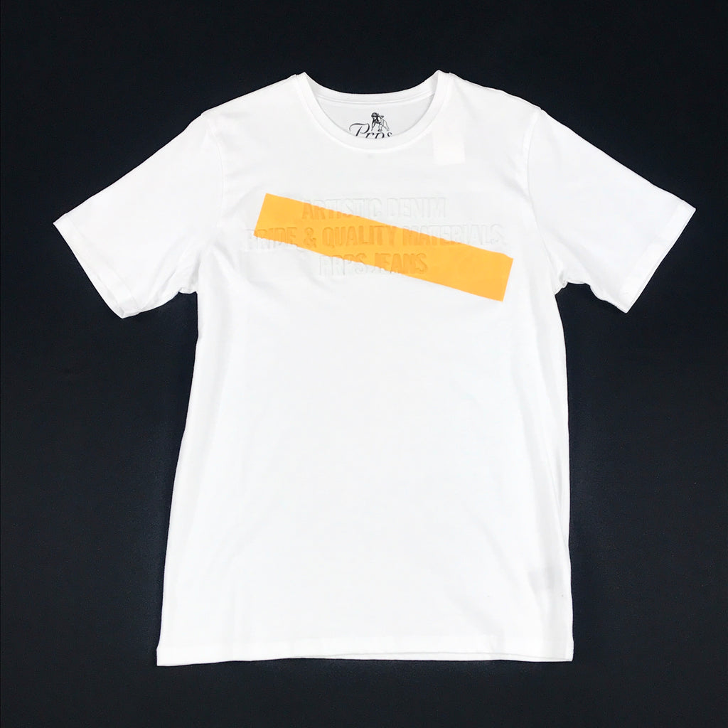 PRPS raised text & yellow stripe on white tee